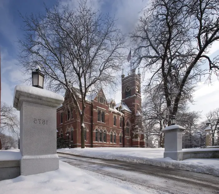 College Hall as seen from the road, in the snow.